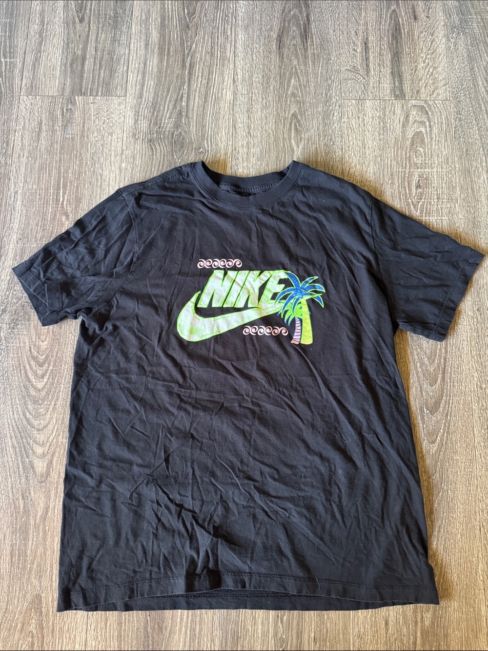 Nike Black Graphic Tee with Green and Blue Palm Logo